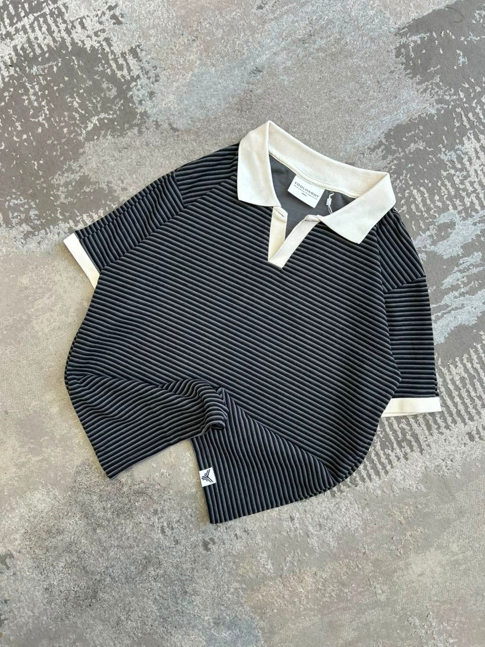 #RATS1 Foolhardy Striped Textured Knit Polo Shirt – Charcoal & Off-White